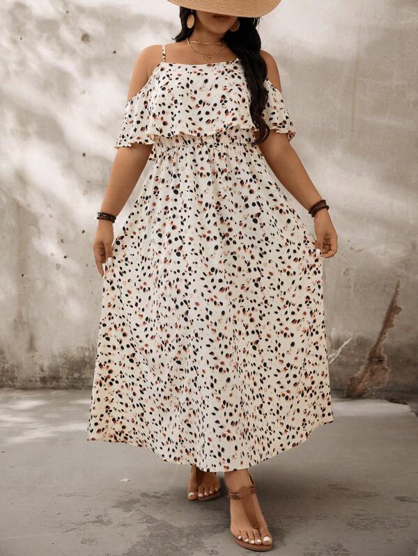 SHEIN LUNE Plus Size Women's Vacation Style Ditsy Floral Ruffle Hem Dress,Beach Dress Sundress,Holiday Outfits Boho