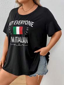 SHEIN CURVE+ Áo thun đen rộng rãi cỡ lớn có in hình cờ và khẩu hiệu - màu đen - Xem 3