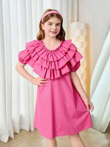 SHEIN Tween Girl Loose Vintage Layered Ruffle Collar Puff Sleeve Solid Color Midi Dress