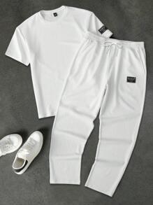 Manfinity Homme 男士夏季字母印花圆领短袖T恤和裤子休闲装，外出男士白色服装白色服装男士两件套男士白色服装