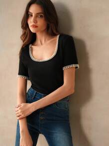 Anewsta Casual And Simple Women's Black Short-Sleeved T-Shirt With Pearl And Rhinestone Decorated U-Neck Collar