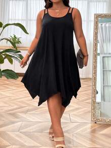 SHEIN CURVE+ Vestido De Talla Grande De Tirantes Con Espagueti, Asimétrico Con Dobladillo unicolor Para Verano - Negro - Ver 5