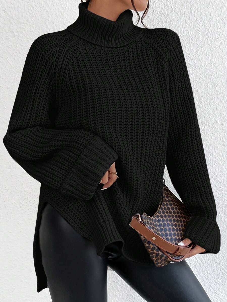 EURMUSE Women's High Neck Raglan Long Sweater - Black - View 1