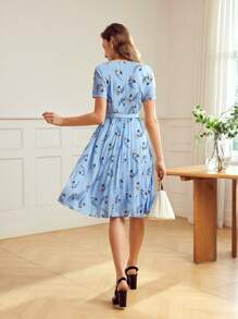 MOTF Classy ALLOVER PRINT BUCKLE BELTED PLEATED HEM DRESS