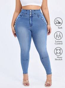 大码高腰弹力针织性感牛仔裤 - 藍色 - 查看 3