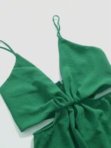 Celana Jumpsuit Wanita dengan Lubang di Bagian Bawah - Hijau - View 3