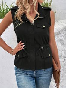 SHEIN LUNE Women's Summer Casual Solid Color Drawstring Waistcoat, Sleeveless Jacket