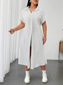 Flirla Chemise décontractée et élégante grande taille à col en V et manches courtes - Blanc - Voir 5