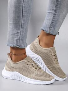 STEPREACH 秋冬女士休闲运动鞋网面运动鞋透气舒适轻便系带纯色粉色亮面防滑耐磨 - 卡其色 - 查看 5