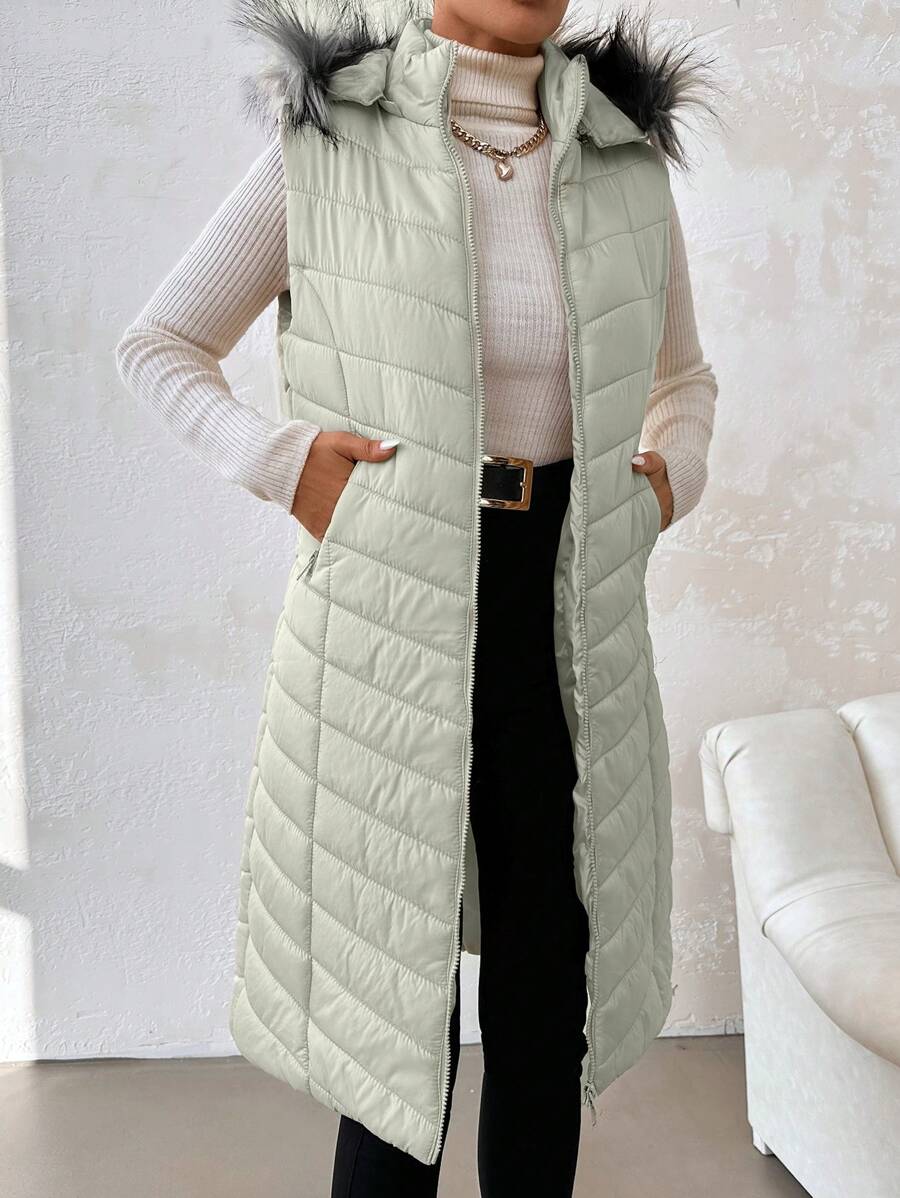 EURMUSE Fuzzy Trim Hooded Puffer Vest Coat - Mint Green - View 1