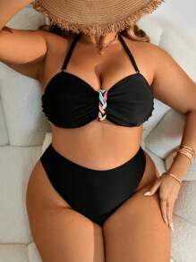 SHEIN Swim Curve 大码女式彩色针织装饰比基尼套装夏季 - 黑色 - 查看 6