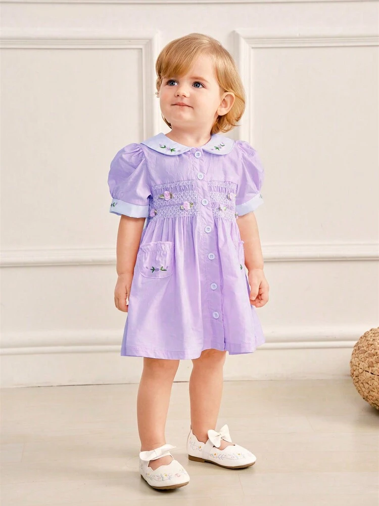 Baby Girls' Elegant  Vintage Rose Embroidery Pleated Peter Pan Collar Dress, Suitable For Spring And Summer Outings