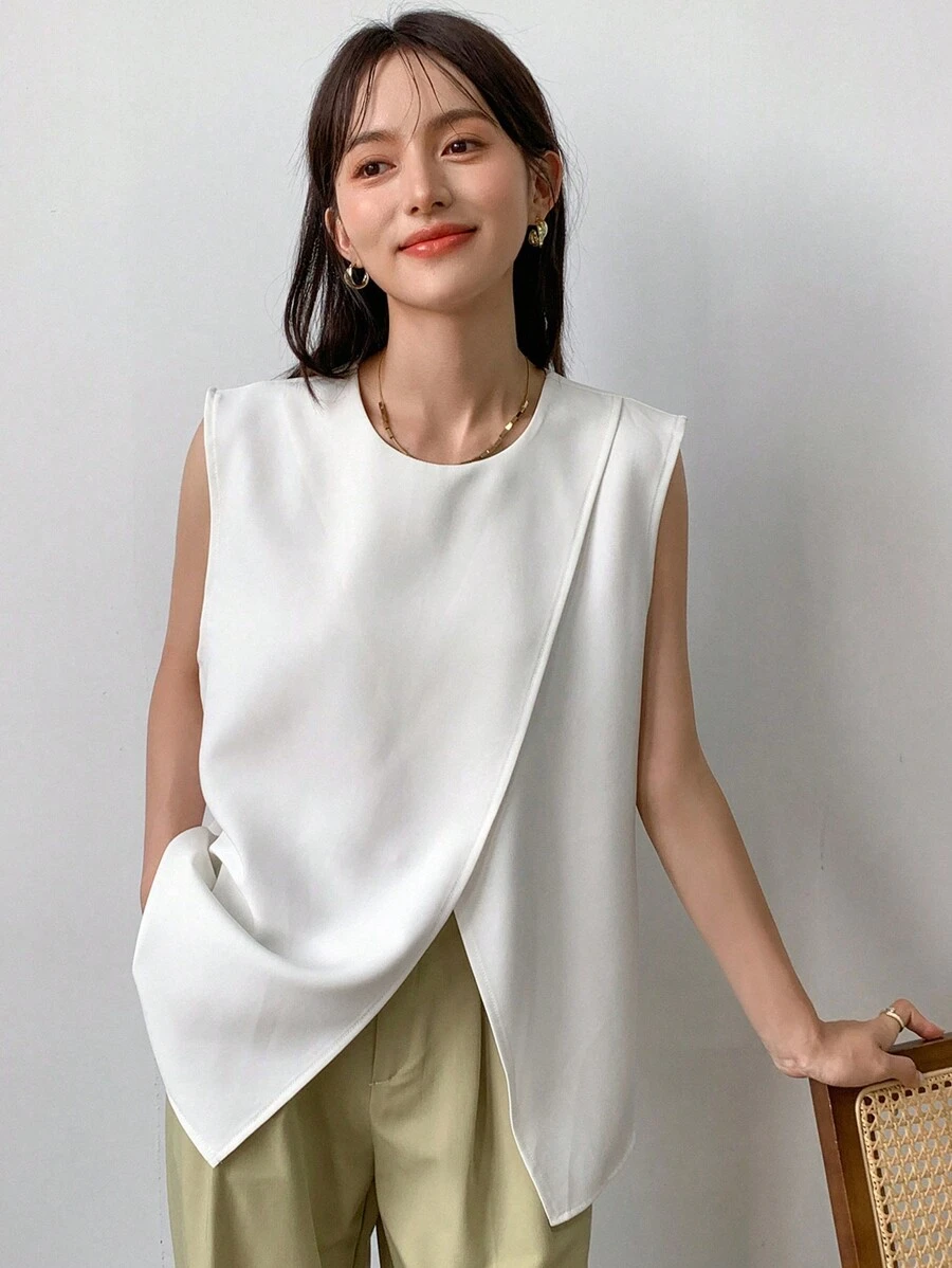 FRIFUL 女性流行純色無袖休閒背心 - 米色 - 查看 1