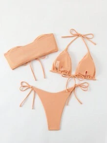 女士夏季沙灘純色頸後束帶和無肩帶性感比基尼套裝，3件裝 - 珊瑚橙 - 查看 2