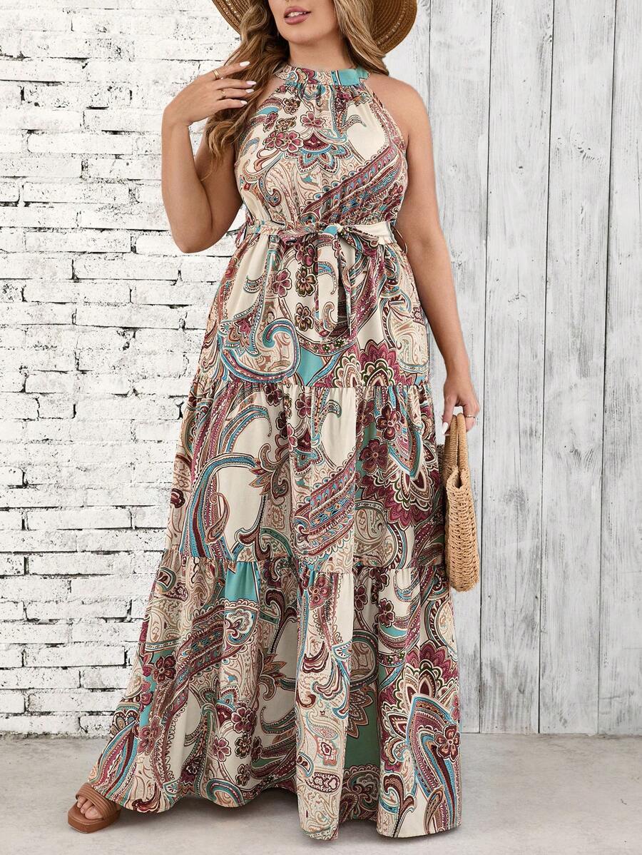 SHEIN LUNE 大码挂脖式佩斯利印花束带连衣裙 波西米亚风连衣裙 长款夏季连衣裙 - 彩色 - 查看 1