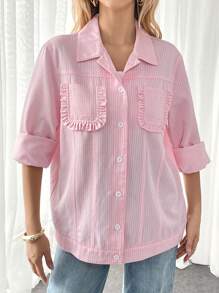 SHEIN Essnce Women's Simple Daily Pink Striped Ruffle Hem Blazer - Pink - View 4