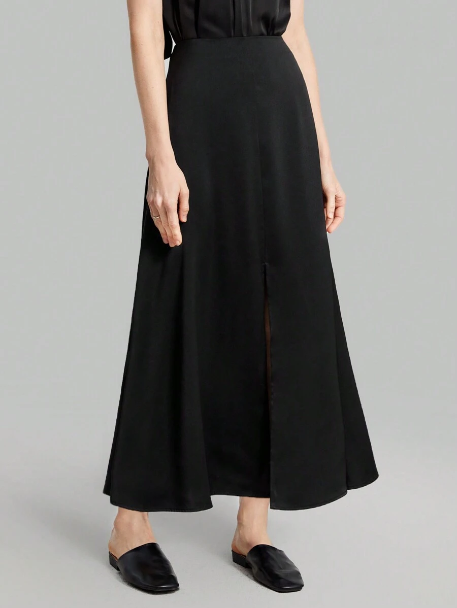 Ontre 女士純色前開叉裙 - 黑色 - 查看 1