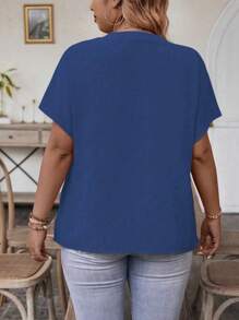 Celure Áo sơ mi tay cánh dơi cổ chữ V thông thường mùa hè cỡ lớn - Xanh đậm - Xem 2