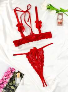 2pcs Plus Size Lace Sexy Bra And Panty Set, Wireless - Red - View 4