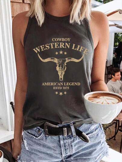 SHEIN LUNE Casual Minimalist Western Steer Head Print Sleeveless Round Neck Tank Top For Women, Suitable For Summer,Casual