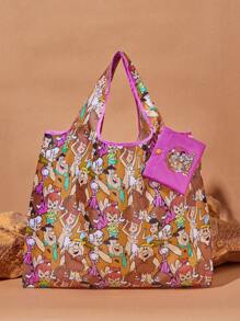 THE FLINTSTONES | SHEIN 1pc Full-Print Cartoon Character Shopping Bag With Contrast Binding, Foldable And Portable - Multicolor - View 2