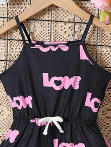 2入組女孩心形和字母印花蝴蝶結吊帶連體褲，夏季假期 - 黑色 - 查看 4