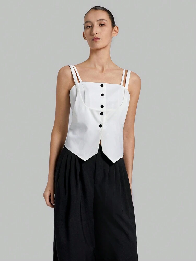 Women's Front Button Sleeveless Camisole Top With Double Shoulder Straps