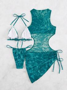 Swim Vcay Women's Summer Beach Tie-Dye Halter Neck Sexy Bikini Bathing Suit Set With Cover-Up Dress (Random Print) - Green - View 2