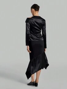 Ontre Women's Patchwork Frill Trim Asymmetrical Collar Long Sleeve Shirt