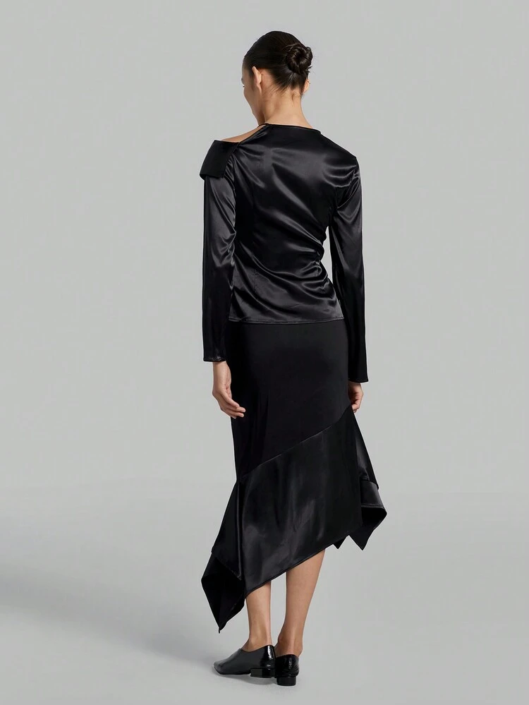 Women's Patchwork Frill Trim Asymmetrical Collar Long Sleeve Shirt