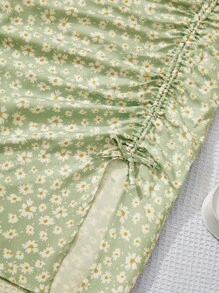 SHEIN Leap Crew Tween Girl Loose Casual Làm mới vùng quê Ditsy Váy hoa có dây thắt lưng và đường viền xẻ - Màu xanh Bạc hà - Xem 3