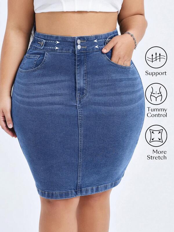 Flexra Plus Size Solid Stretchy Knit Color Denim Bodycon Skirt With Pockets, Summer Apple Bottom Jeans