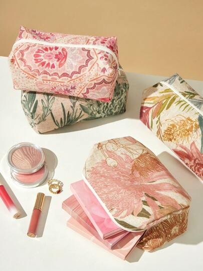 LongNap™ 1pc Linen Textured Artistic Floral Print 170GSM Thicer Versatile Makeup Bag, Cosmetic Bag, Portable Sanitary Pads Storage,Panty Liners Storage, Tampons Storage,Boho Vibes