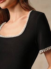 Anewsta Casual And Simple Women's Black Short-Sleeved T-Shirt With Pearl And Rhinestone Decorated U-Neck Collar