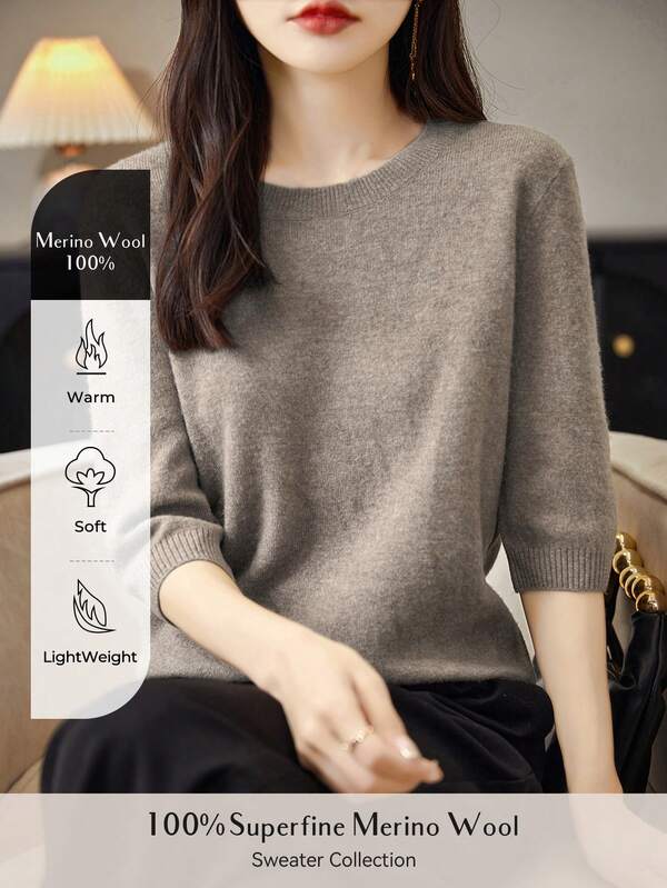 Women's 100% Merino Wool Sweater Crewneck Half Sleeve Tops Lightweight Summer Fall Light Luxury Fashion Sweater Knit Pullover