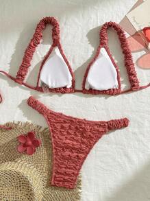Swim Mod 女士纯色荷叶边文胸和比基尼泳裤性感红色比基尼套装，适合夏季海滩 - 玫瑰紅 - 查看 2