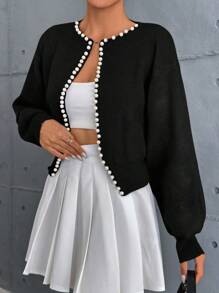 EURMUSE Women's Short Pearl-Decorated Cardigan Sweater With Buttons - Black - View 6