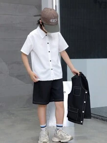 SHEIN 3入組男款黑色背心、白色短袖衬衫和黑色短裤，適用於少年休閒裝 - 黑色 - 查看 6