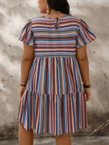 SHEIN LUNE Plus Size Women's Summer Round Neck Short Sleeve Colorful Striped Ruffle Sleeve A-Line Dress,Beach Dress Sundress,Holiday Outfits Boho - Multicolor - View 2