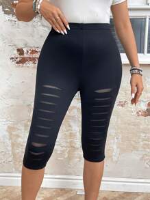 SHEIN LUNE Punched Laser Burnout Floral Mesh See-Through Black Leggings, Stretchy And Comfortable Plus Size - Black - View 1