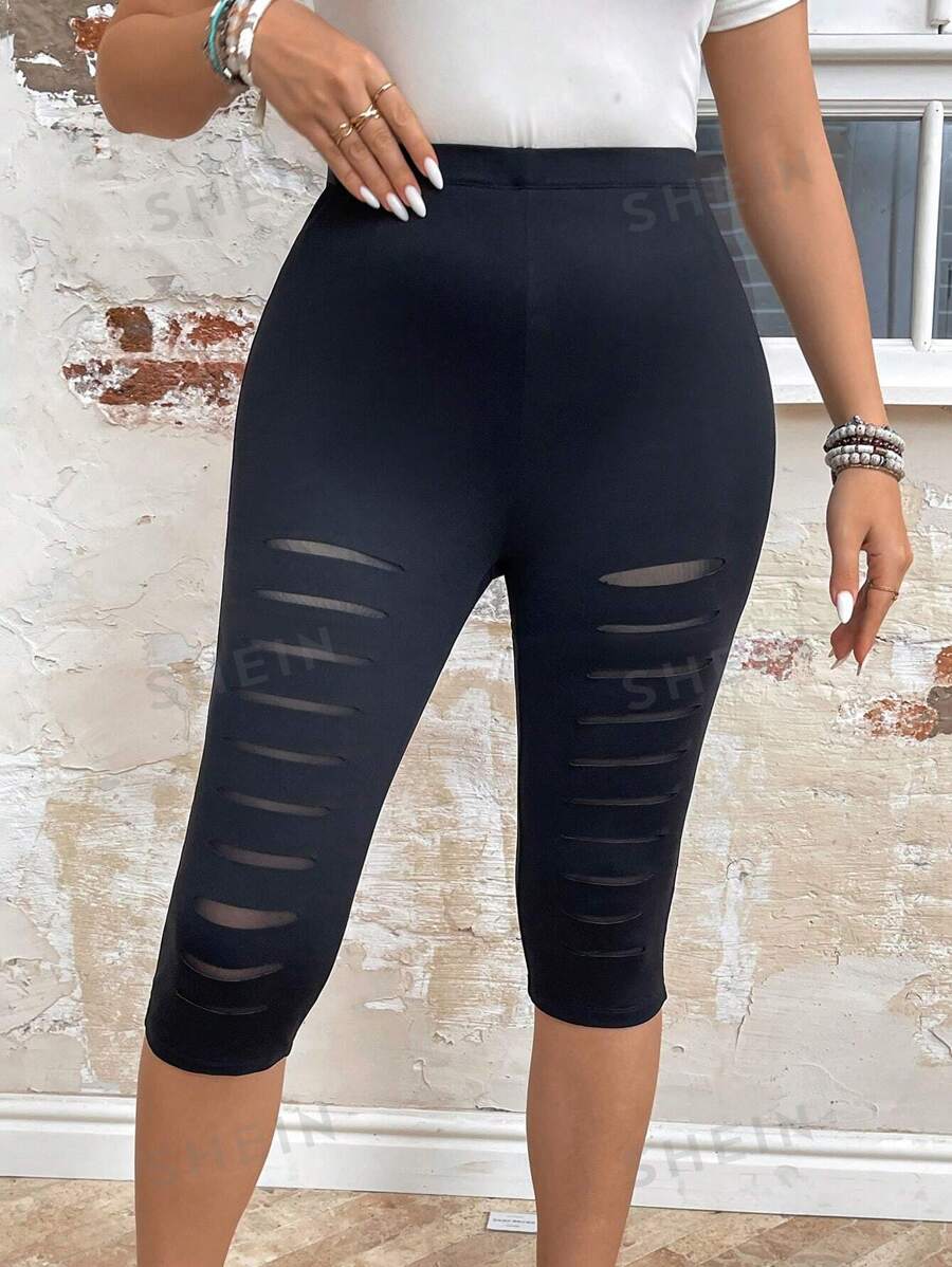 SHEIN LUNE Leggings negros transparentes con perforaciones láser, estampado floral desgastado, malla visible, elásticos y cómodos, talla grande - Negro - Ver 1
