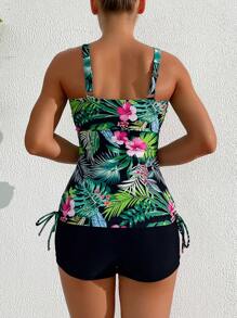 SHEIN Swim Tankini con estampado tropical y cordón en el lateral, playa de verano - Negro - Ver 2