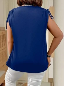 Plus Size Women's Solid Color V-Neck Shoulder Drawstring Casual T-Shirt, Summer - Royal Blue - View 2