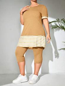 SHEIN LUNE Plus Size Round Neck Striped Short Sleeve Top And Solid Color Capri Pants Summer Casual 2pcs/Set - Khaki - View 4