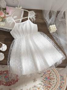 SHEIN 年轻女孩白色细肩带优雅薄纱羽毛装饰公主裙适合婚礼花童、度假装 - 白色 - 查看 1