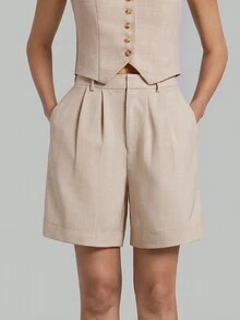 Ontre Ladies' Solid Color Pleated Shorts - Khaki - View 5
