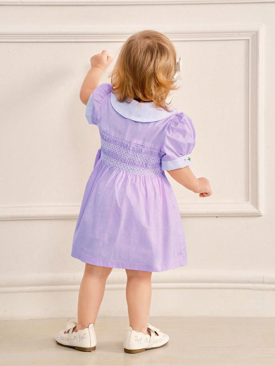 Baby Girls' Elegant  Vintage Rose Embroidery Pleated Peter Pan Collar Dress, Suitable For Spring And Summer Outings