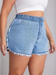 SHEIN Essnce Plus Size Women's Frayed Edge Casual Denim Shorts With Pockets