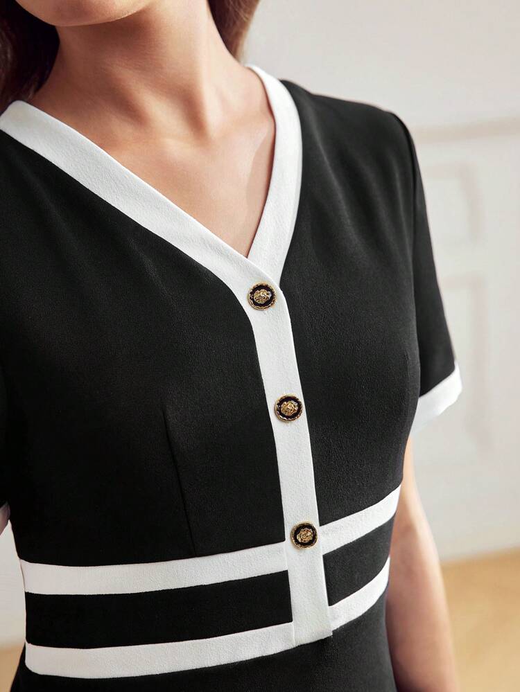 MOTF Classy V-NECK CONTRAST PIPING DRESS