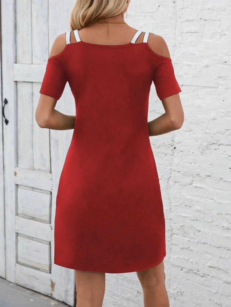 Women's Summer Casual Open Shoulder Contrast Trim Dress